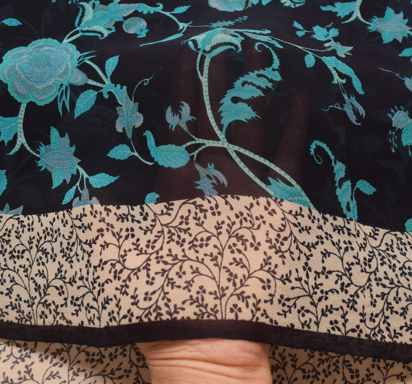 Sushila Vintage Saree 100% Pure Georgette Silk Printed Black Floral Craft Fabric