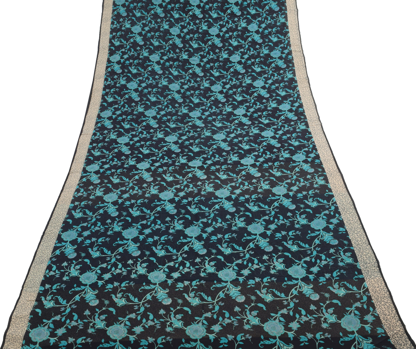 Sushila Vintage Saree 100% Pure Georgette Silk Printed Black Floral Craft Fabric