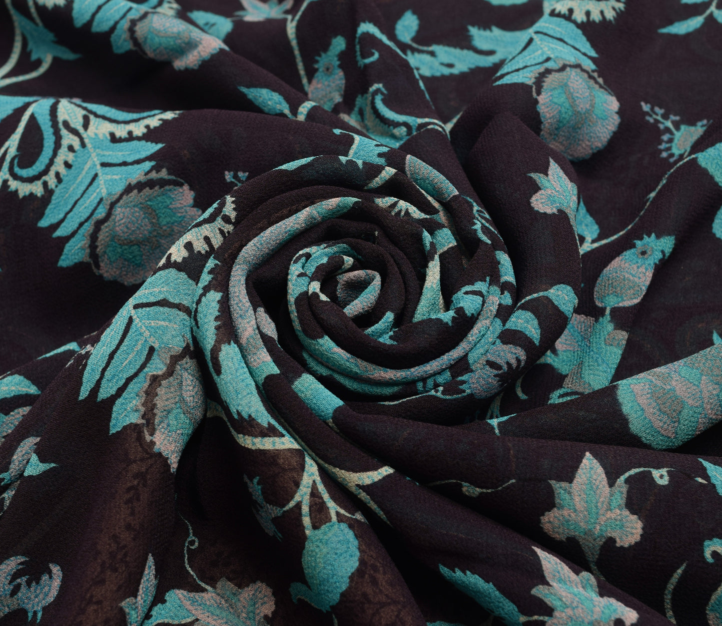 Sushila Vintage Saree 100% Pure Georgette Silk Printed Black Floral Craft Fabric