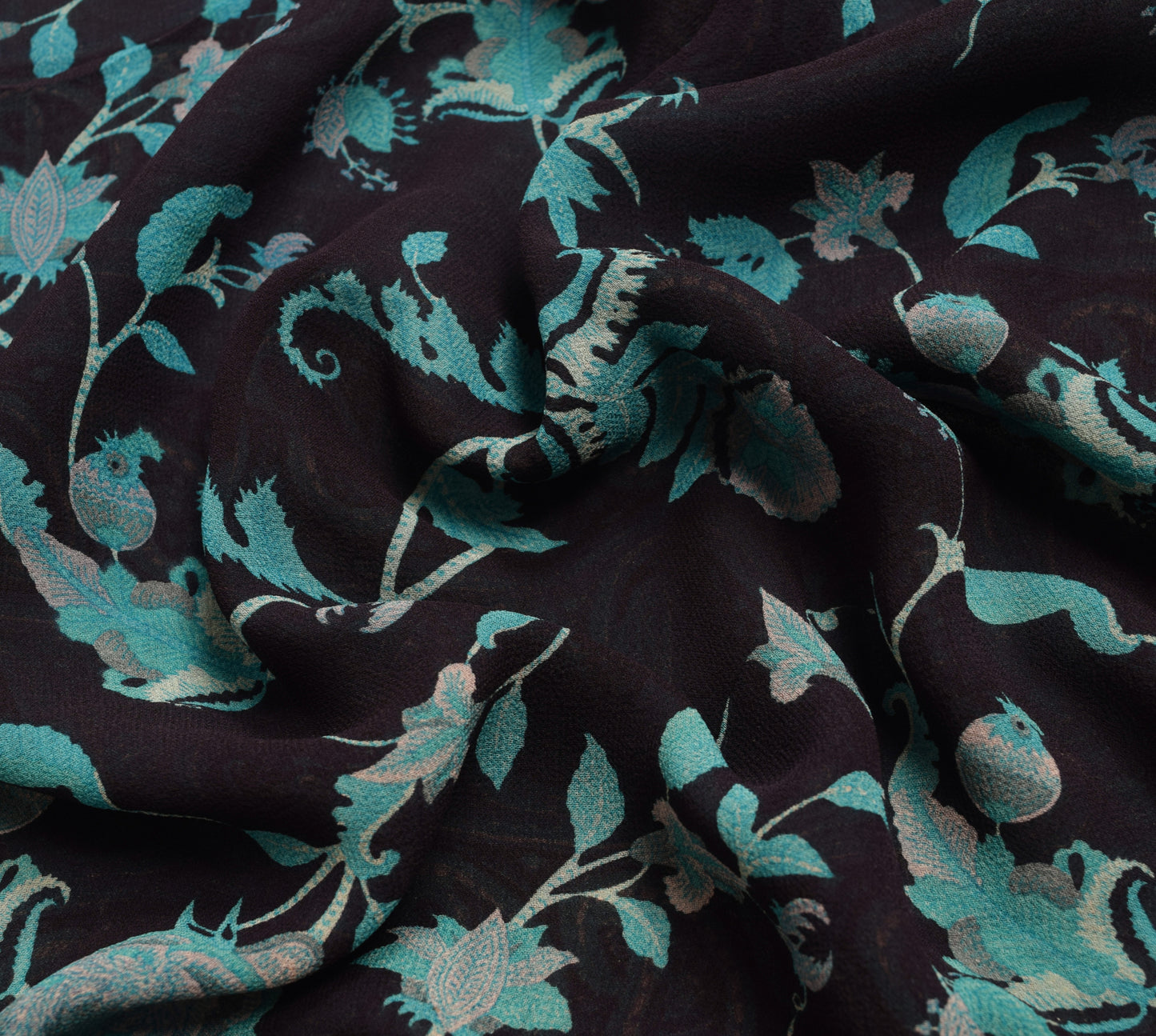 Sushila Vintage Saree 100% Pure Georgette Silk Printed Black Floral Craft Fabric