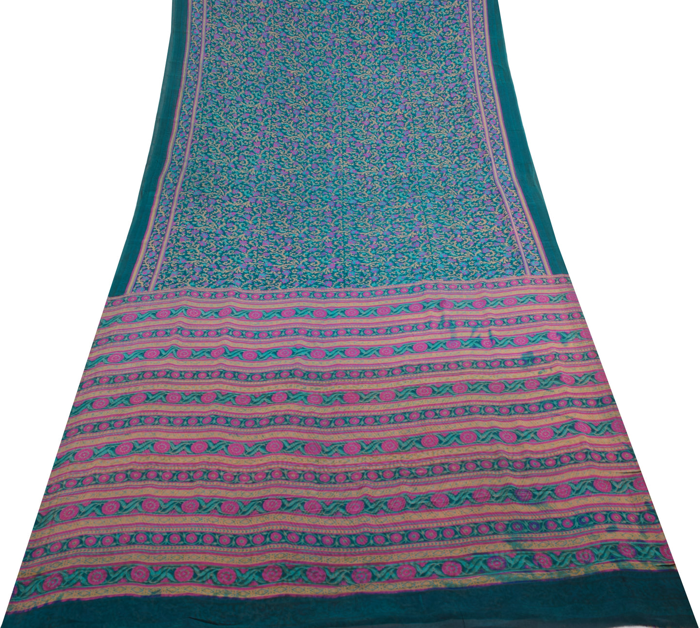 Sushila Vintage Blue Saree 100% Pure Georgette Silk Printed Floral Craft Fabric