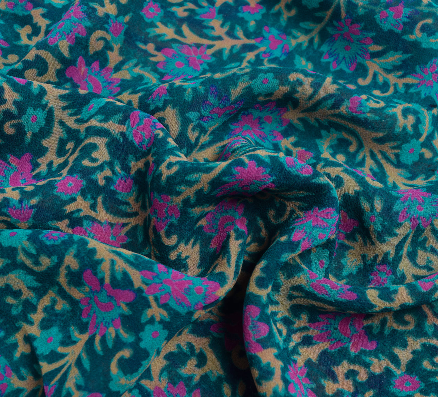 Sushila Vintage Blue Saree 100% Pure Georgette Silk Printed Floral Craft Fabric