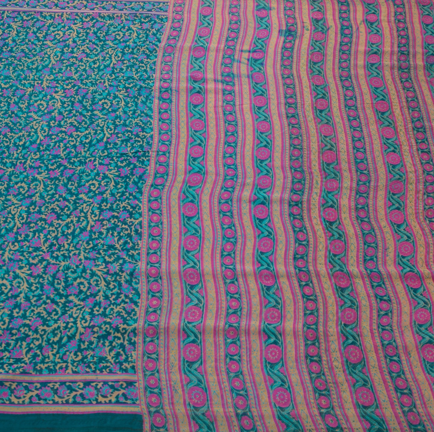 Sushila Vintage Blue Saree 100% Pure Georgette Silk Printed Floral Craft Fabric