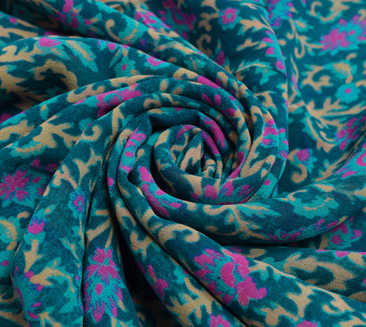 Sushila Vintage Blue Saree 100% Pure Georgette Silk Printed Floral Craft Fabric