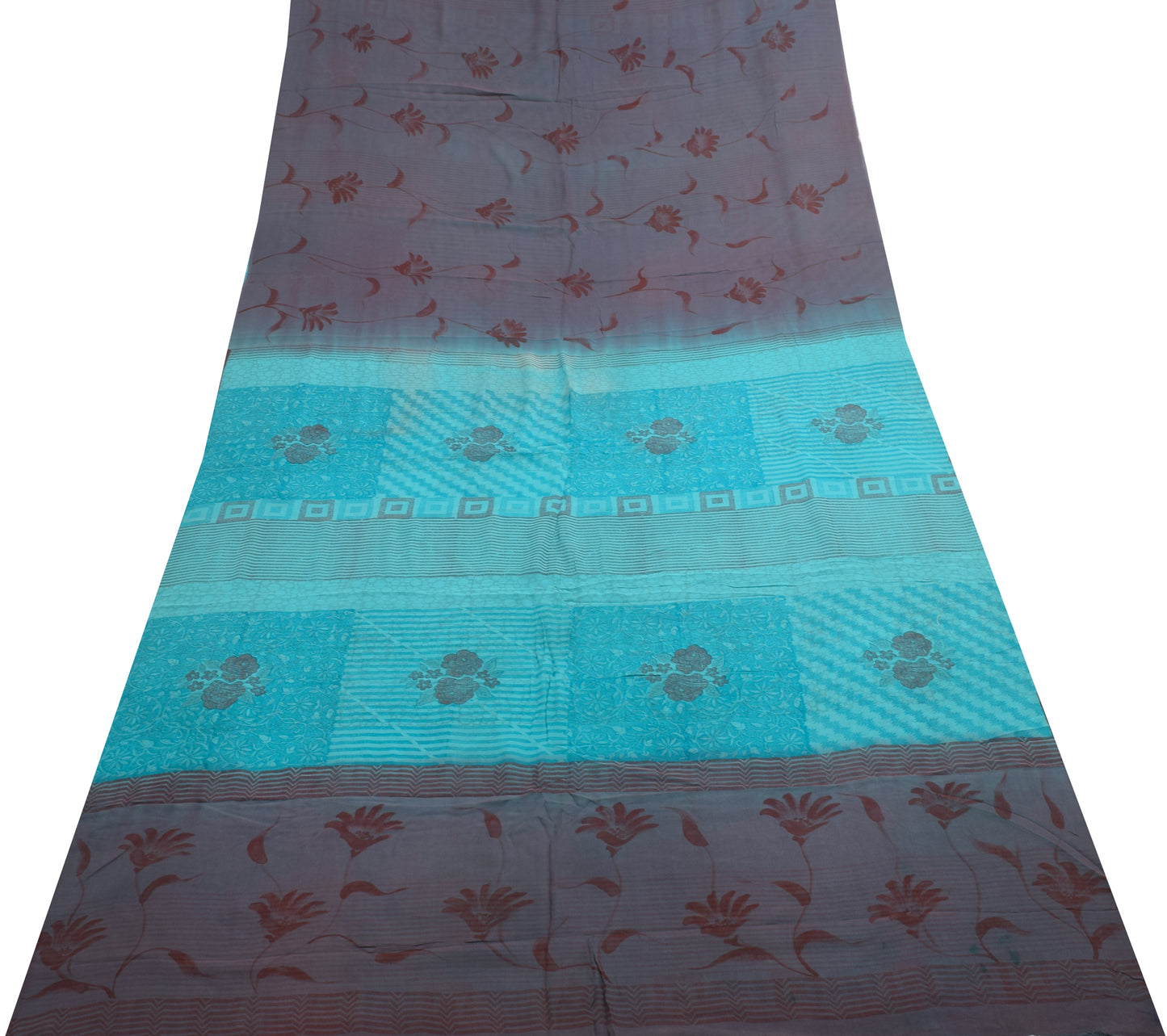 Sushila Vintage Aqua Blue Saree Pure Georgette Silk Printed Floral Craft Fabric