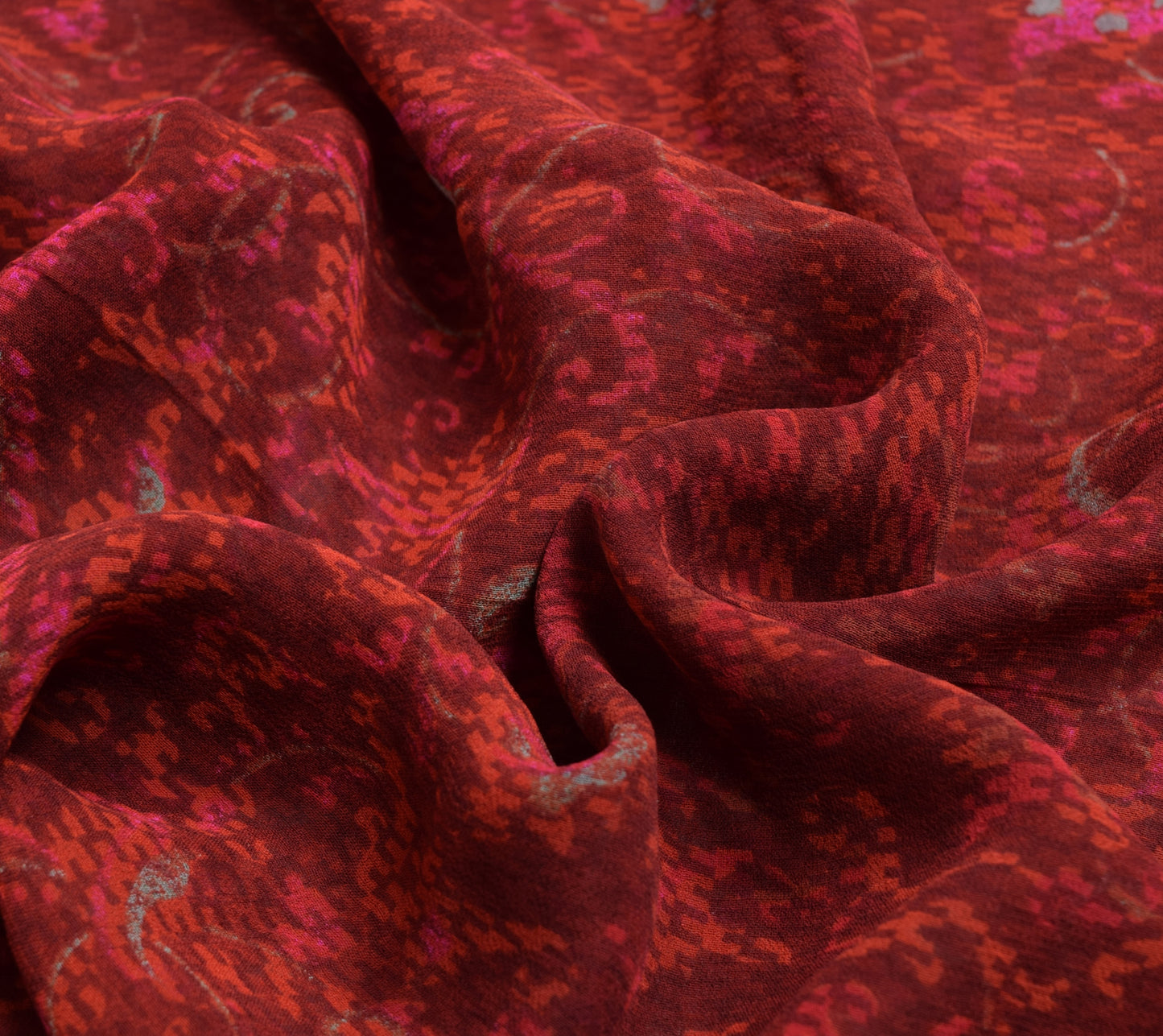 Sushila Vintage Saree Pure Georgette Silk Maroon Paisley Printed Craft Fabric