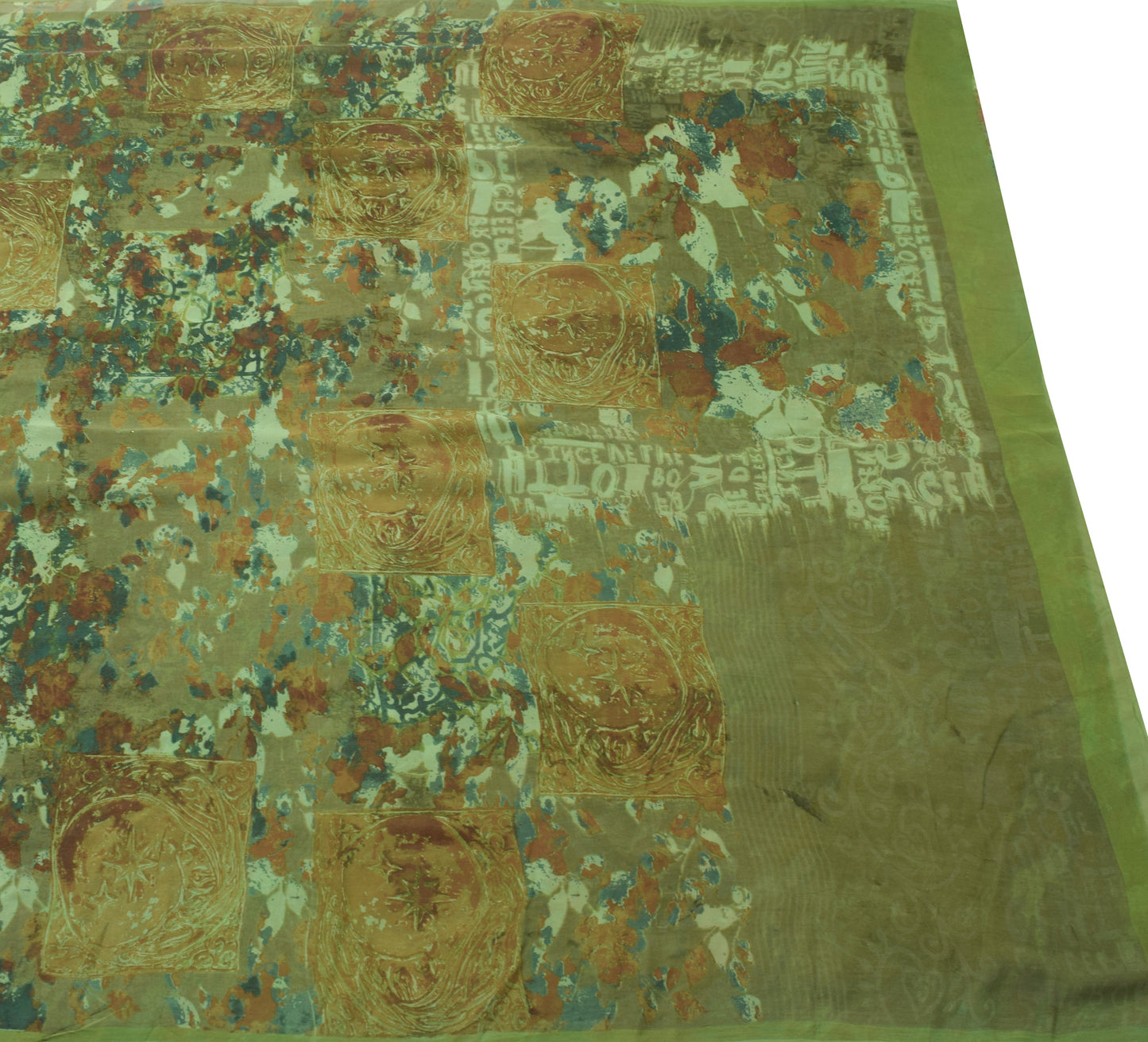 Sushila Vintage Green Saree Pure Georgette Silk Printed Abstract Craft Fabric