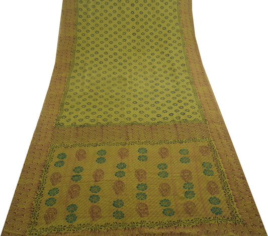 Sushila Vintage Green Saree 100% Pure Georgette Silk Printed Floral Craft Fabric