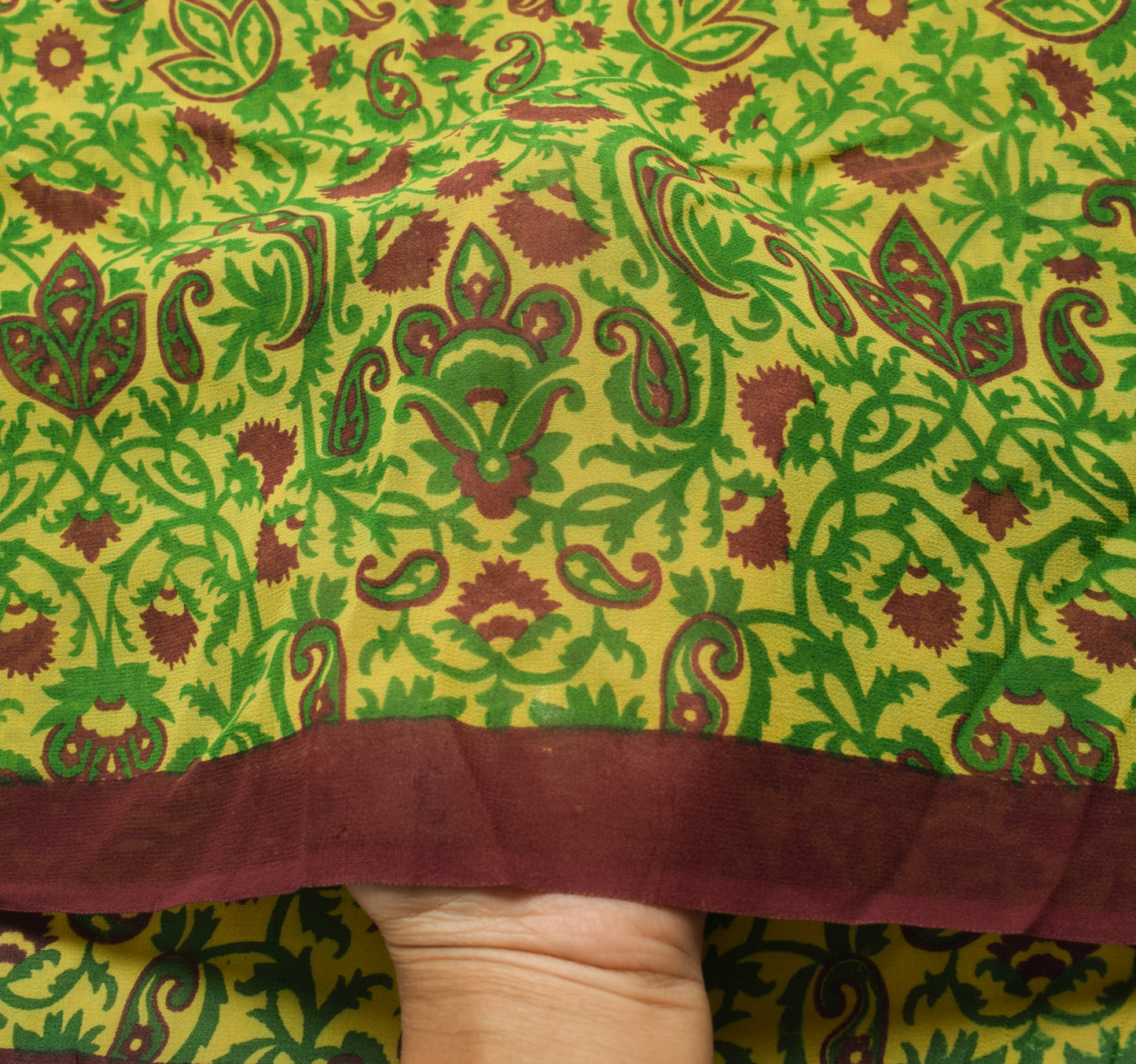 Sushila Vintage Yellow Paisley Saree Pure Georgette Silk Printed Craft Fabric