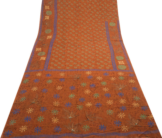Sushila Vintage Saree 100% Pure Georgette Silk Printed Brown Floral Craft Fabric