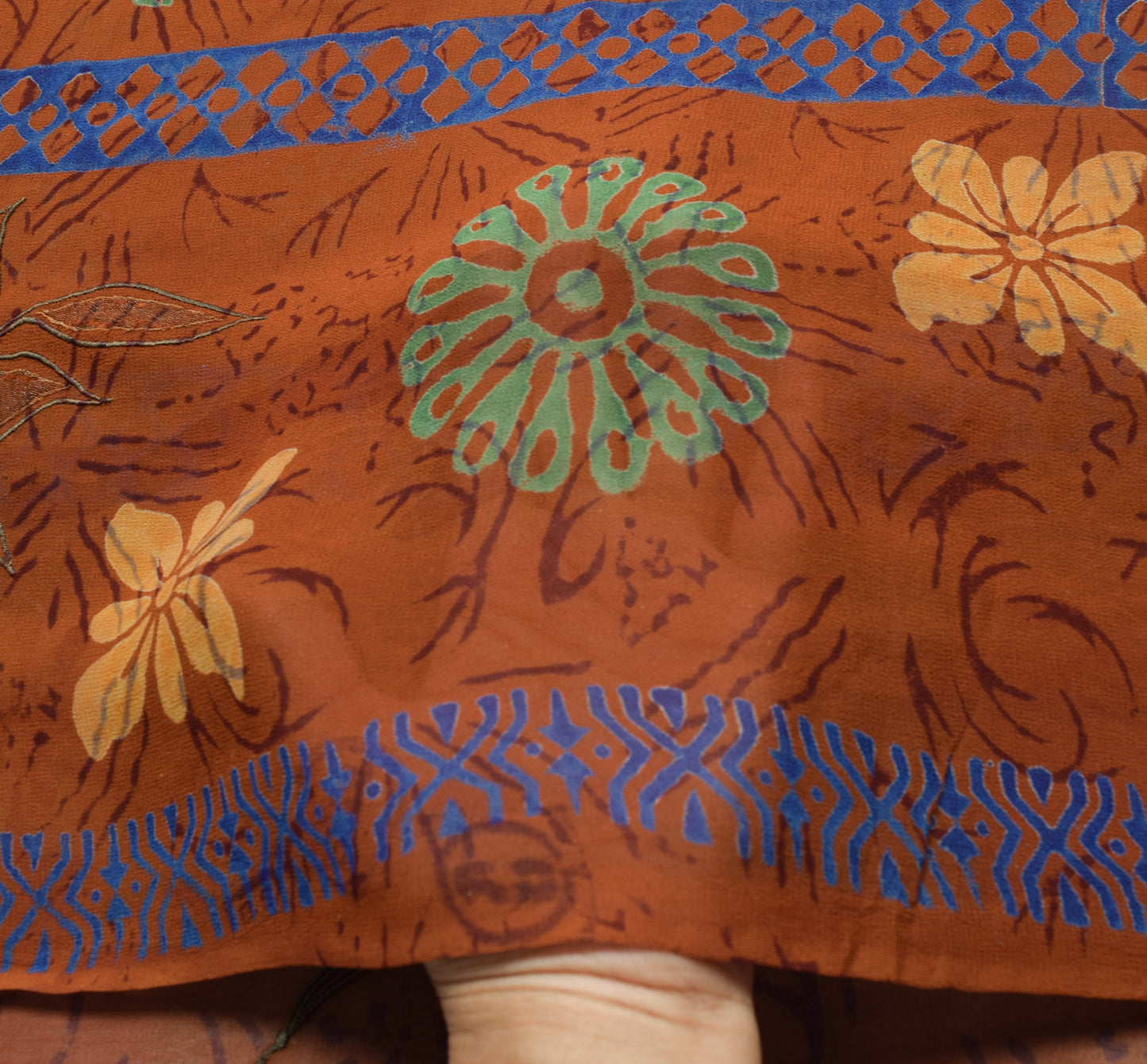 Sushila Vintage Saree 100% Pure Georgette Silk Printed Brown Floral Craft Fabric