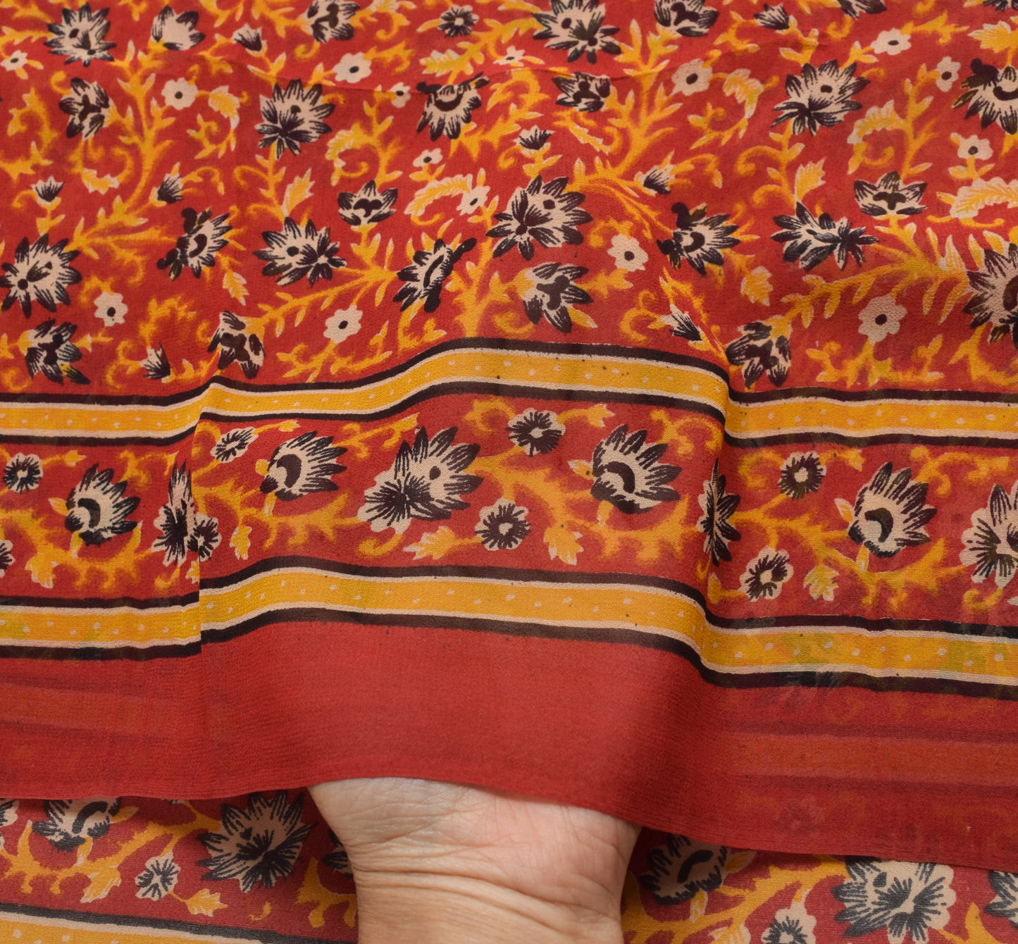 Sushila Vintage Saree 100% Pure Georgette Silk Printed Red Floral Craft Fabric