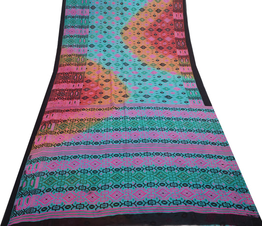 Sushila Vintage Blue & Pink Saree 100% Pure Georgette Silk Printed Craft Fabric