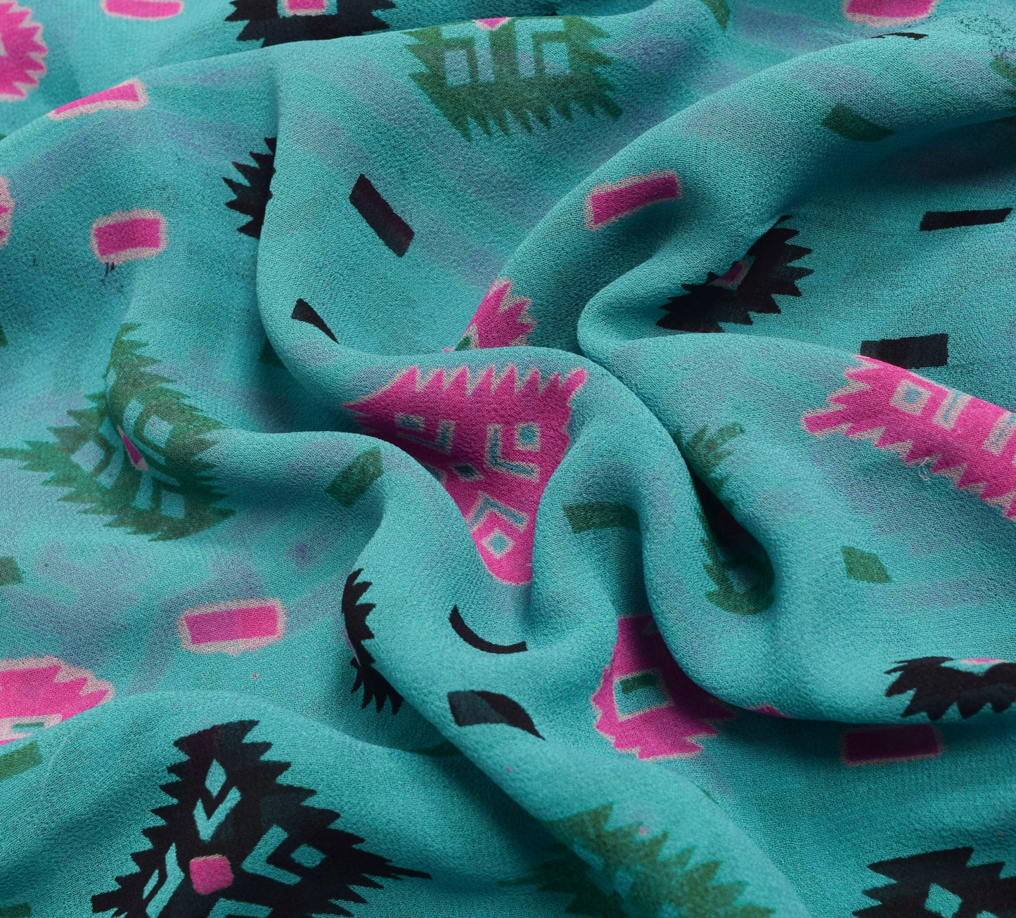 Sushila Vintage Blue & Pink Saree 100% Pure Georgette Silk Printed Craft Fabric