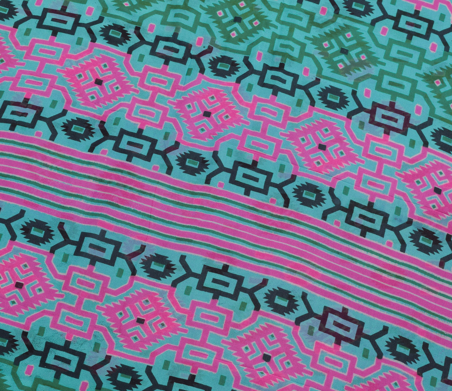 Sushila Vintage Blue & Pink Saree 100% Pure Georgette Silk Printed Craft Fabric