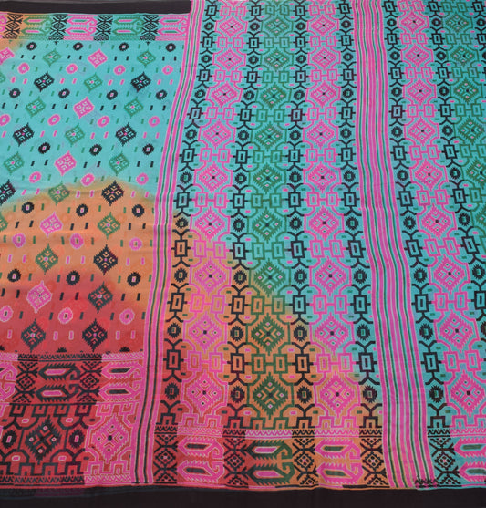 Sushila Vintage Blue & Pink Saree 100% Pure Georgette Silk Printed Craft Fabric