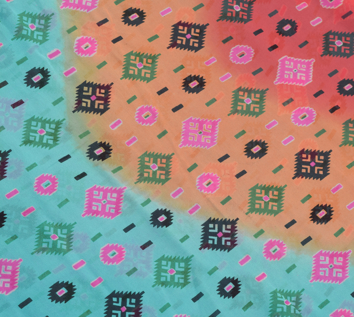 Sushila Vintage Blue & Pink Saree 100% Pure Georgette Silk Printed Craft Fabric