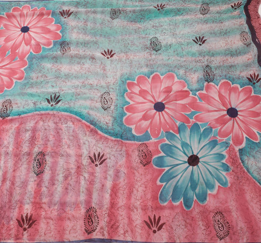 Sushila Vintage Saree 100% Pure Georgette Silk Printed Floral 5 YD Craft Fabric