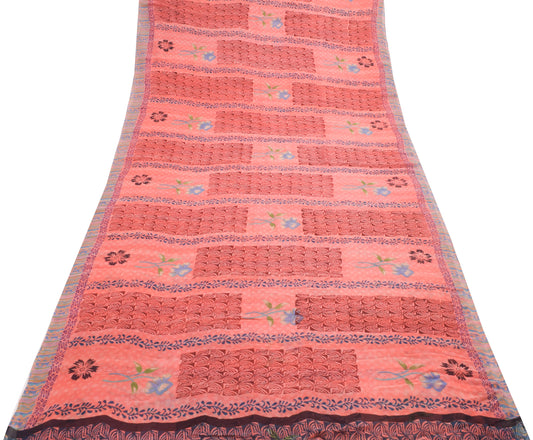 Sushila Vintage Peach Saree 100% Pure Georgette Silk Floral Printed Craft Fabric