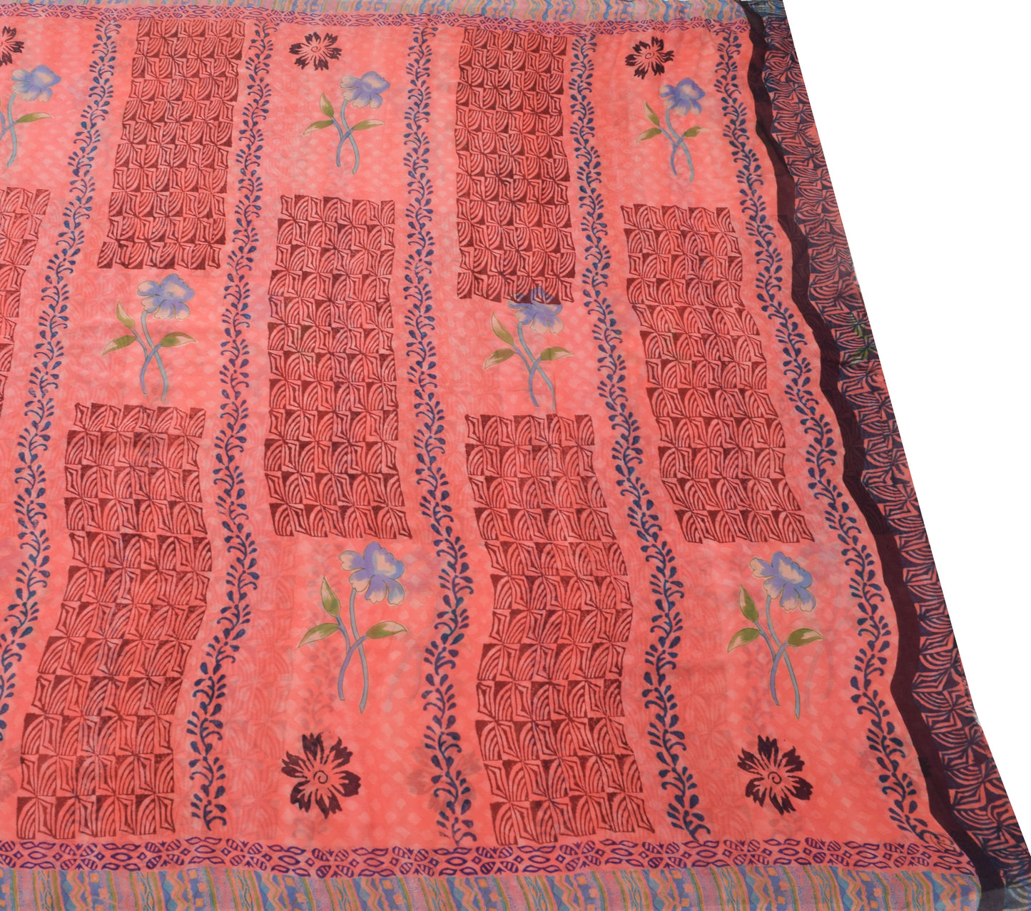 Sushila Vintage Peach Saree 100% Pure Georgette Silk Floral Printed Craft Fabric