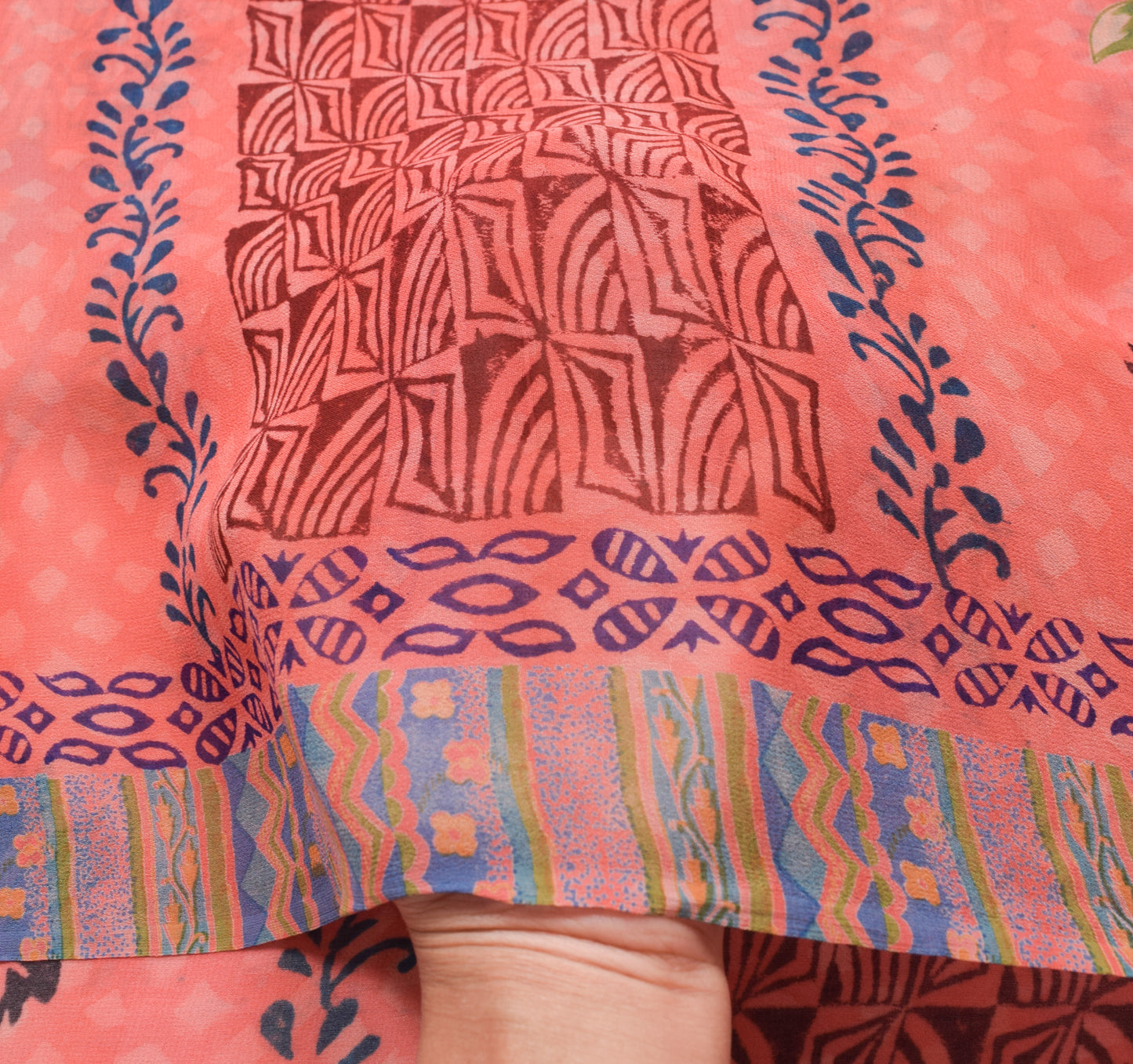 Sushila Vintage Peach Saree 100% Pure Georgette Silk Floral Printed Craft Fabric