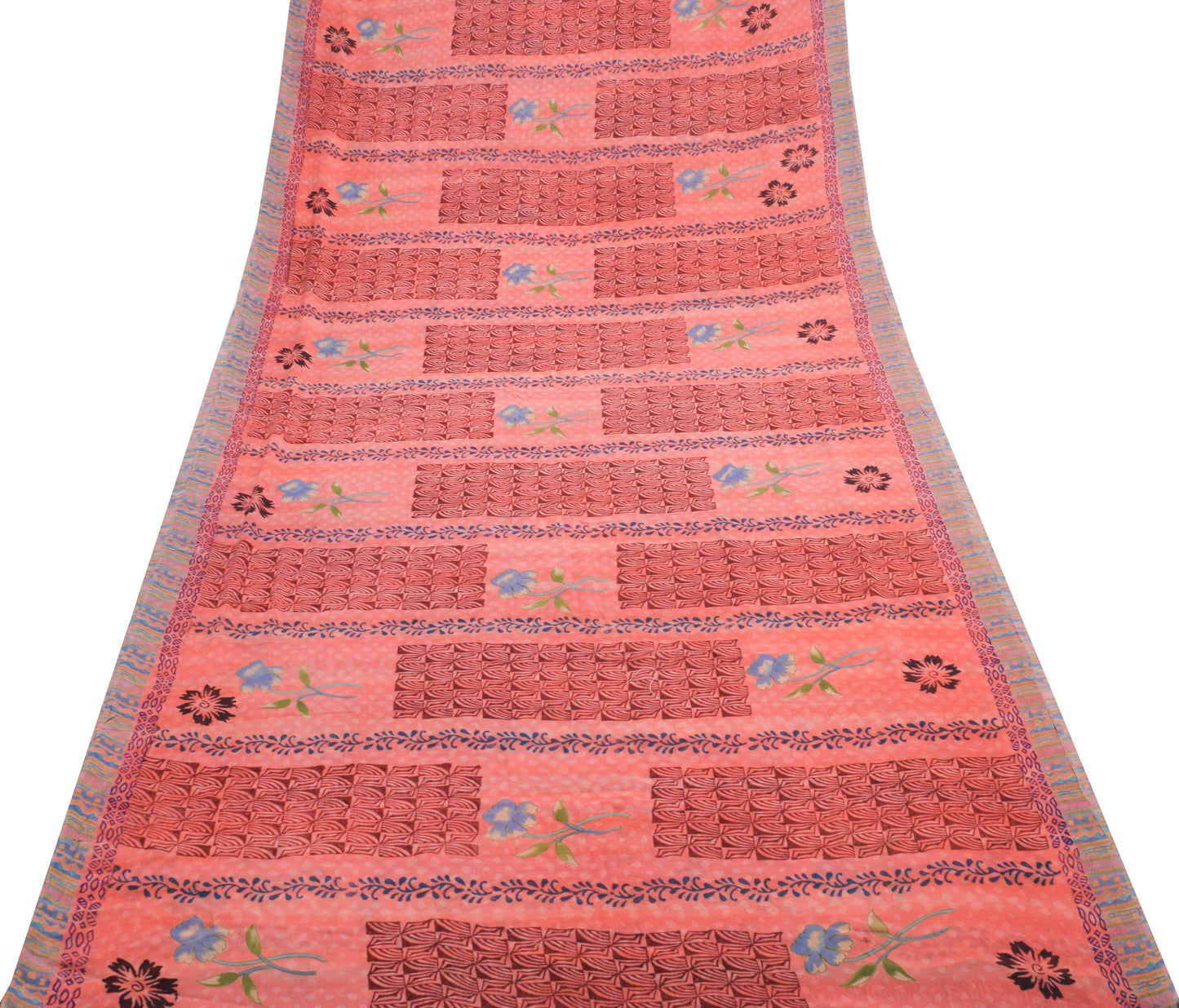 Sushila Vintage Peach Saree 100% Pure Georgette Silk Floral Printed Craft Fabric