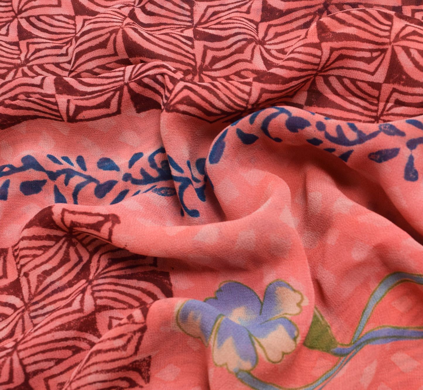 Sushila Vintage Peach Saree 100% Pure Georgette Silk Floral Printed Craft Fabric