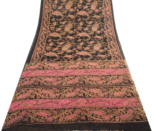 Sushila Vintage Saree 100% Pure Georgette Silk Printed Black Indian Craft Fabric