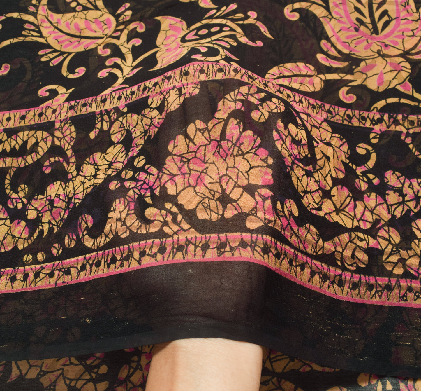 Sushila Vintage Saree 100% Pure Georgette Silk Printed Black Indian Craft Fabric