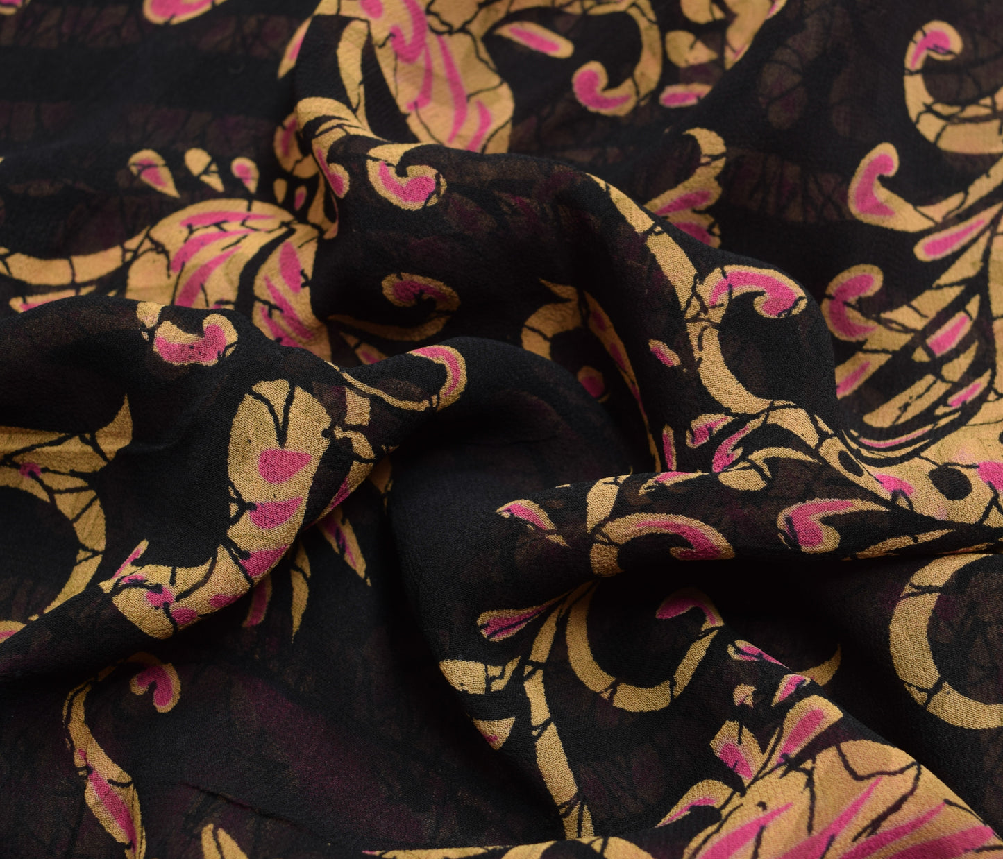 Sushila Vintage Saree 100% Pure Georgette Silk Printed Black Indian Craft Fabric