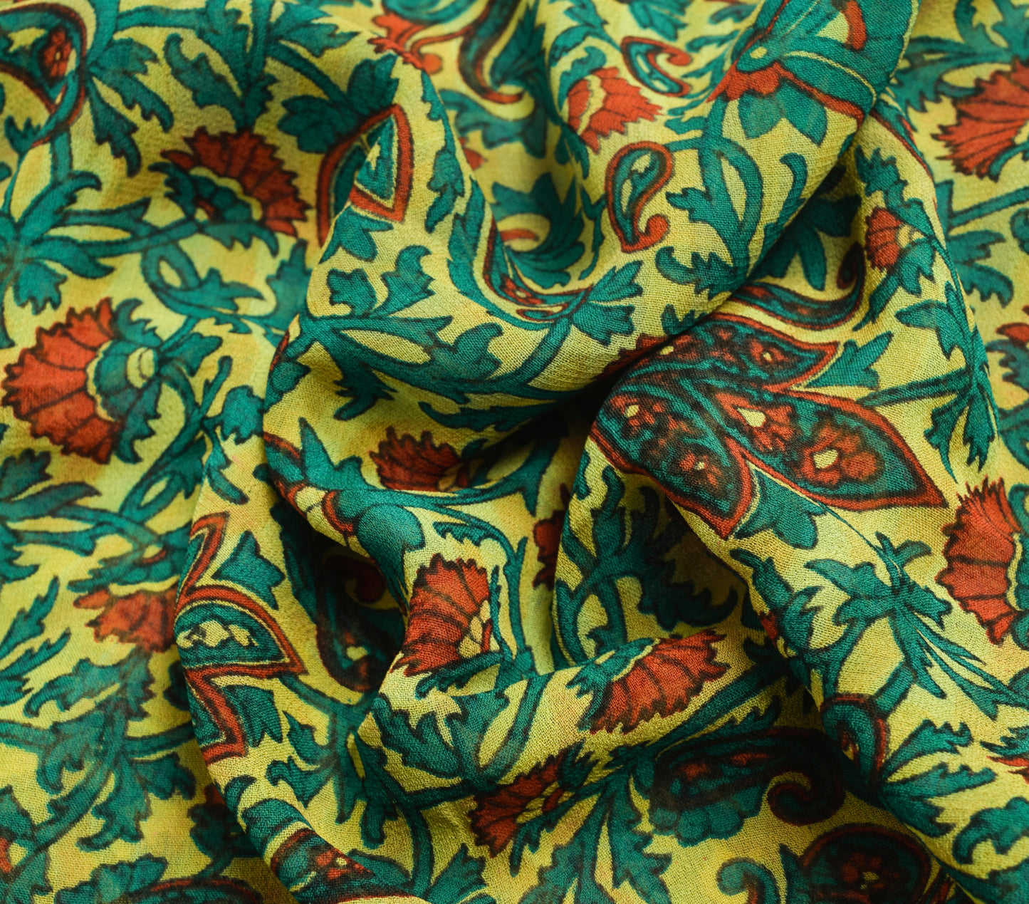 Sushila Vintage Yellow Floral Saree 100%Pure Georgette Silk Printed Craft Fabric