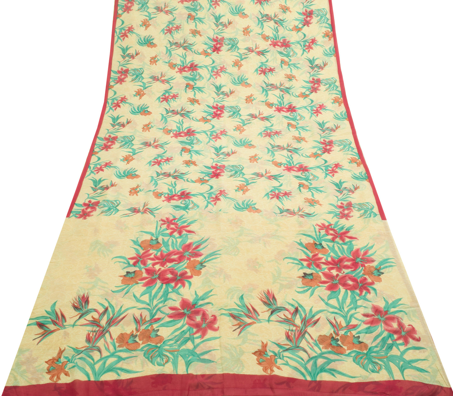 Sushila Vintage Saree 100% Pure Georgette Silk Printed Cream Floral Craft Fabric