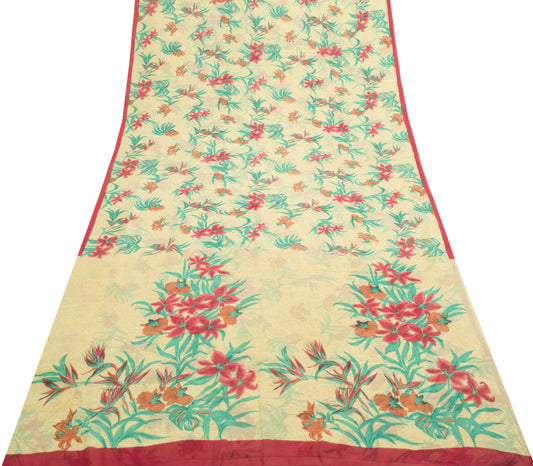 Sushila Vintage Saree 100% Pure Georgette Silk Printed Cream Floral Craft Fabric