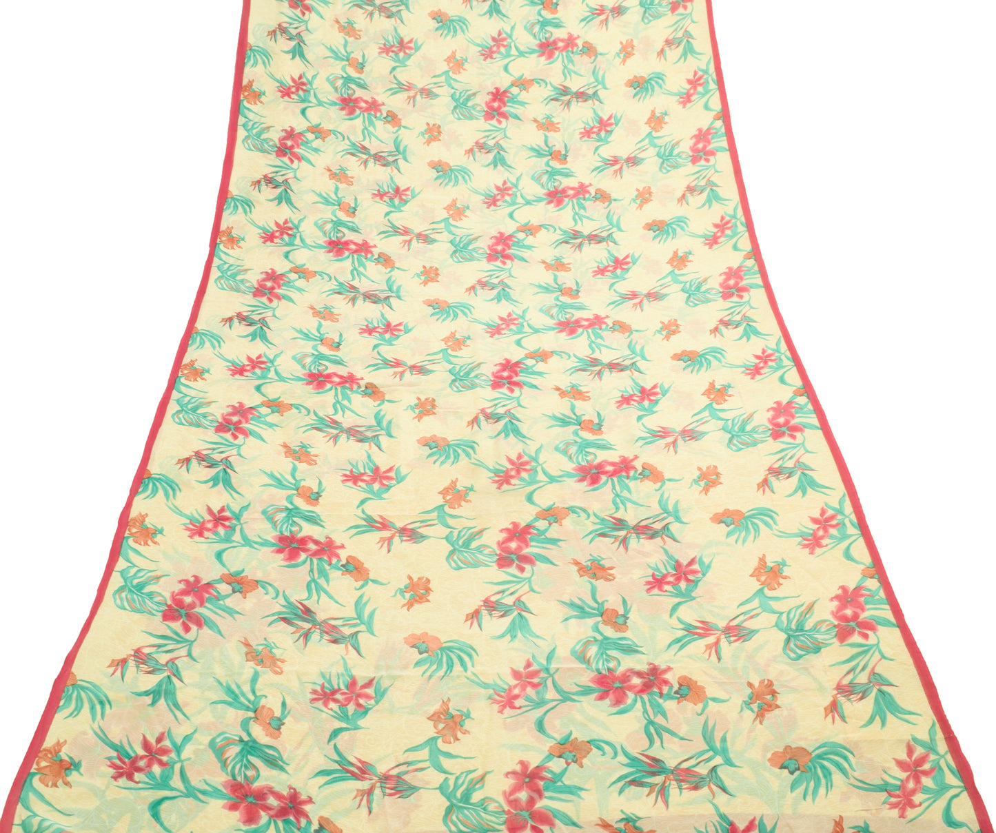 Sushila Vintage Saree 100% Pure Georgette Silk Printed Cream Floral Craft Fabric