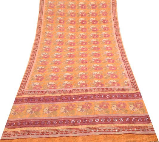 Sushila Vintage Orange Saree 100%Pure Georgette Silk Printed Floral Craft Fabric