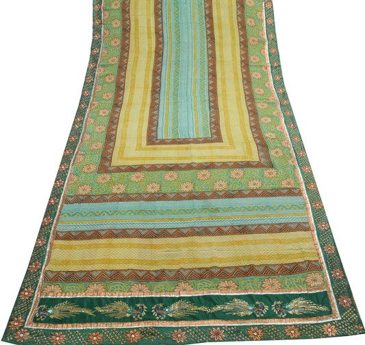 Sushila Vintage Saree Georgette Silk Multi-Color Hand Block Printed Craft Fabric