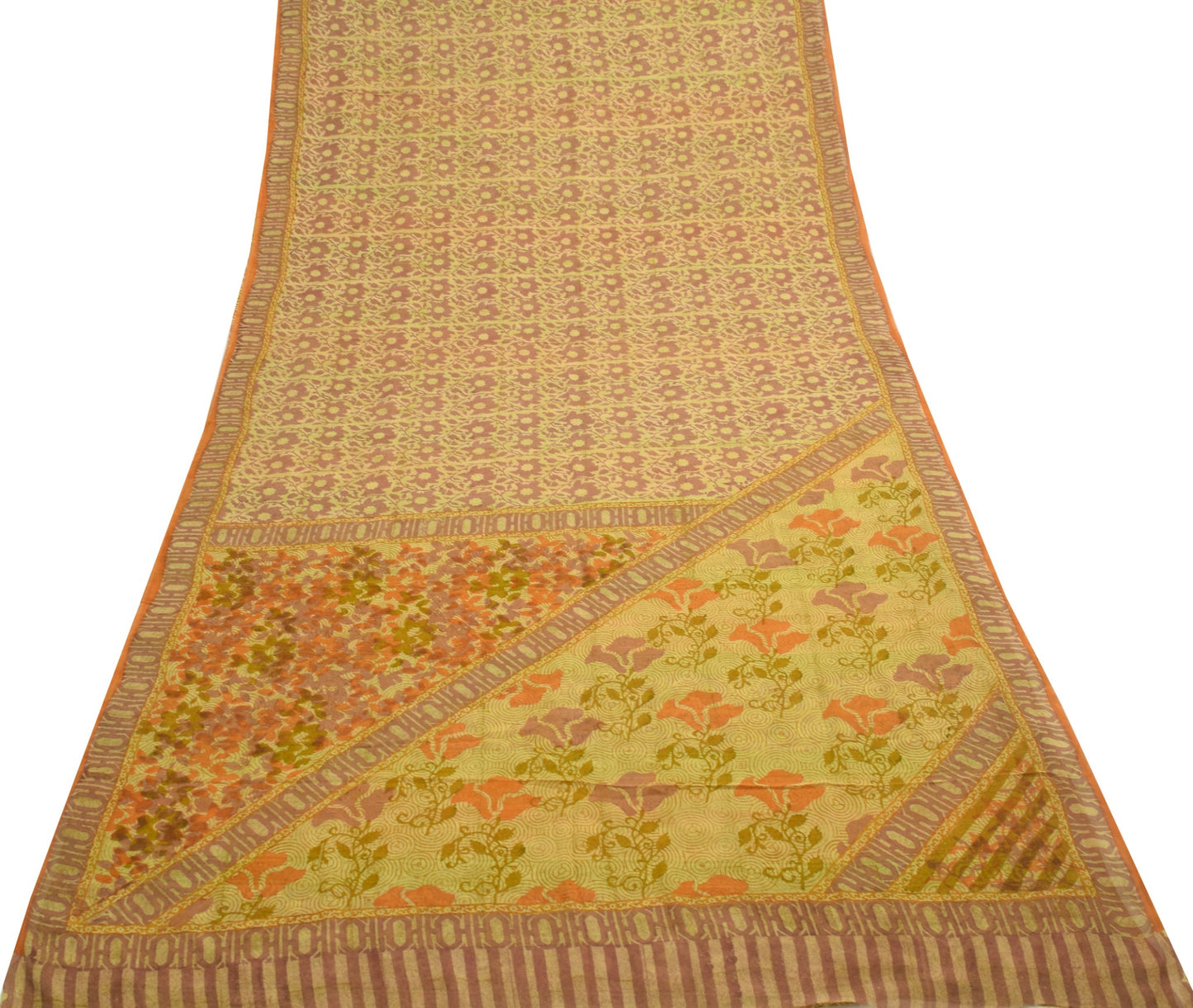 Sushila Vintage Saree 100% Pure Georgette Silk Green Floral Printed Craft Fabric