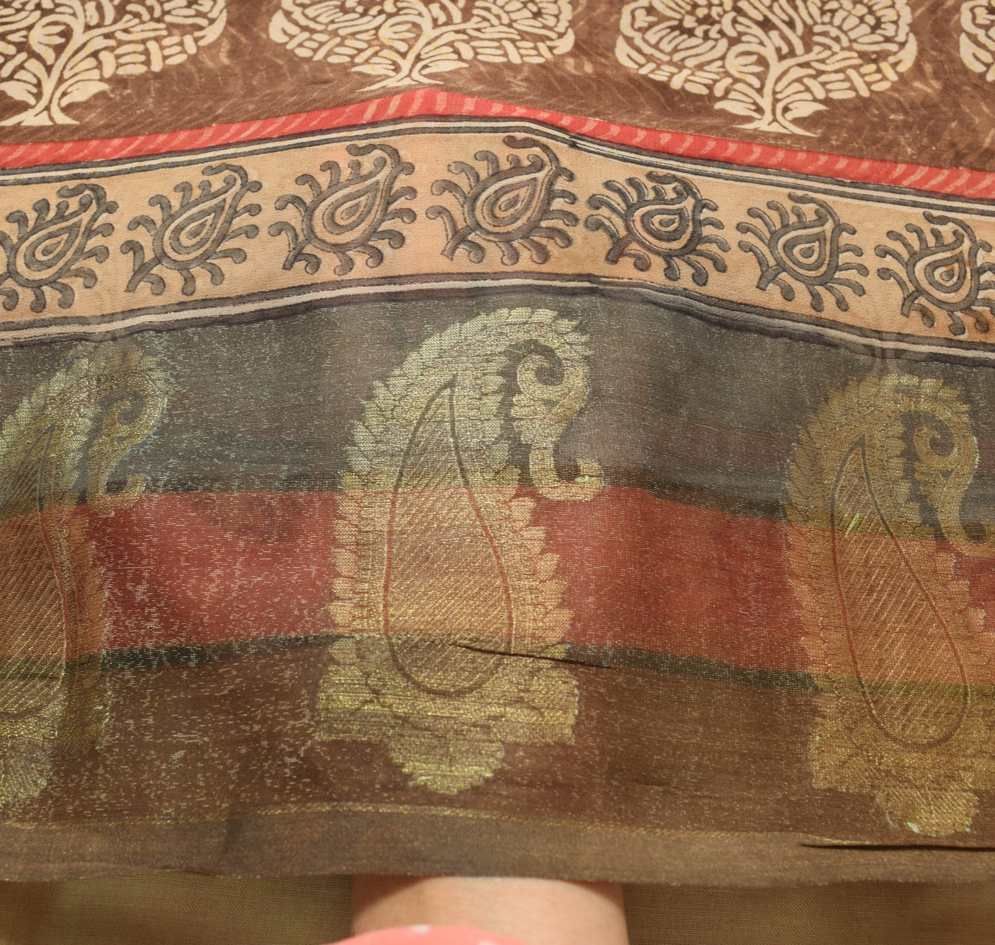Sushila Vintage Brown Saree 100%Pure Georgette Silk Printed & Woven Craft Fabric