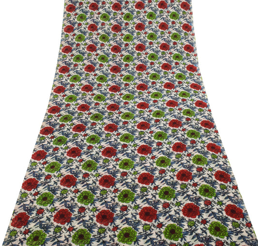 Sushila Vintage White Floral Saree 100% Pure Georgette Silk Printed Craft Fabric
