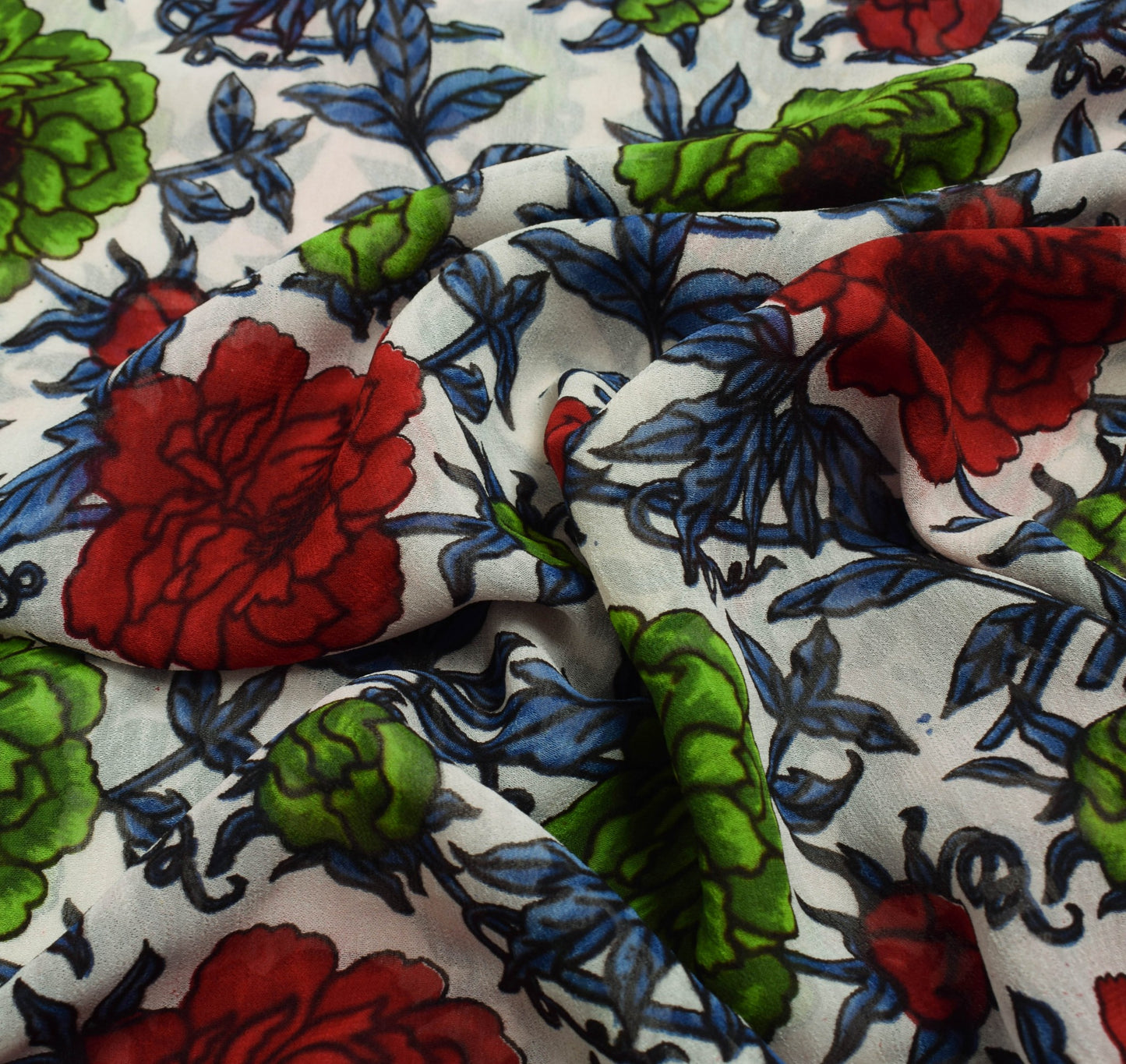 Sushila Vintage White Floral Saree 100% Pure Georgette Silk Printed Craft Fabric