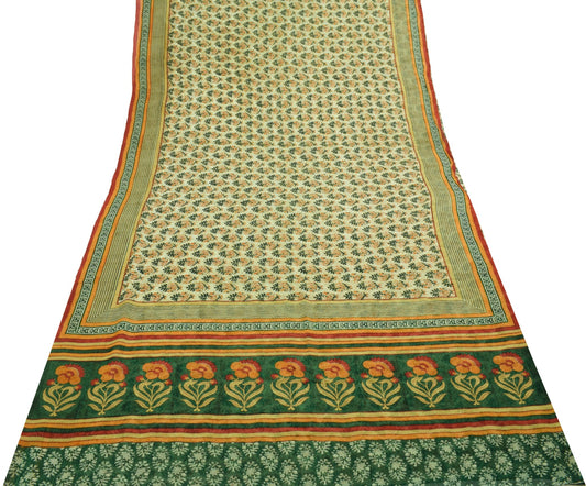 Sushila Vintage Green Saree 100% Pure Georgette Silk Printed Floral Craft Fabric