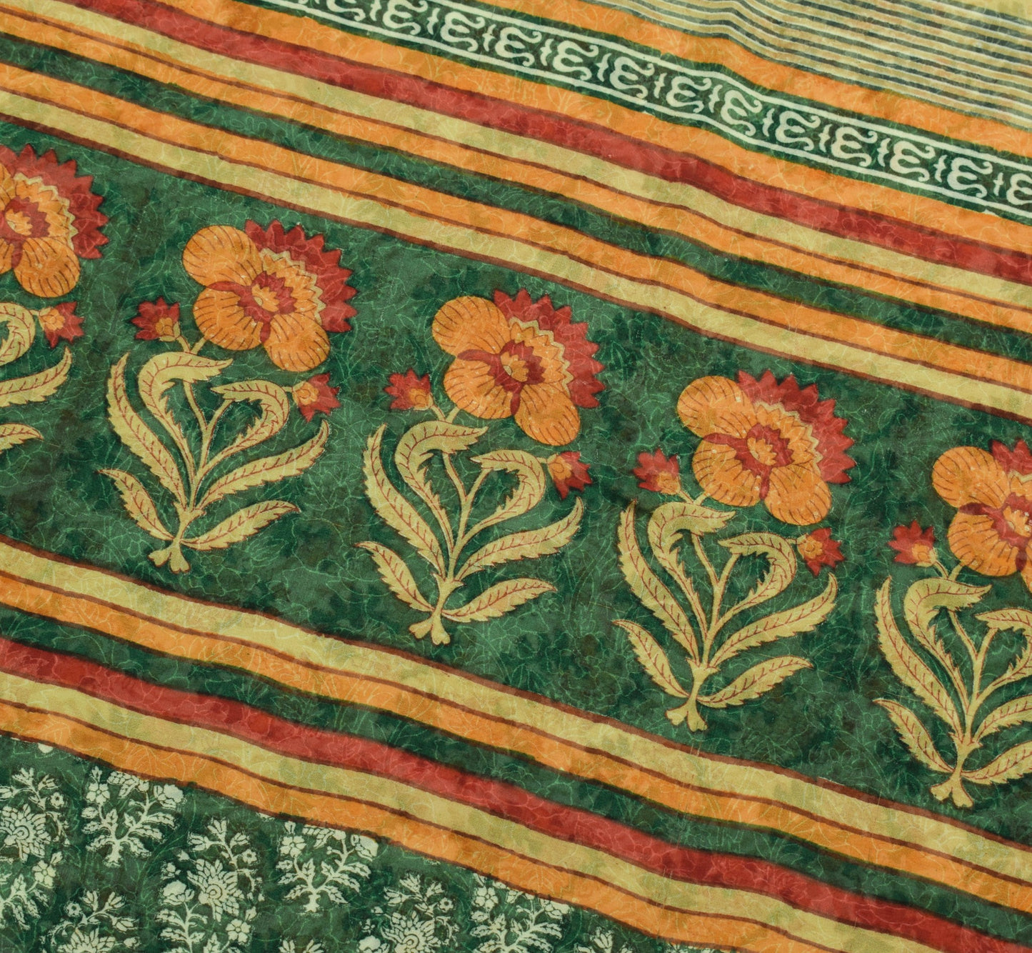 Sushila Vintage Green Saree 100% Pure Georgette Silk Printed Floral Craft Fabric