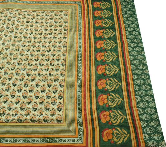 Sushila Vintage Green Saree 100% Pure Georgette Silk Printed Floral Craft Fabric