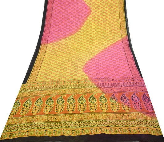 Sushila Vintage Green & Pink Saree 100% Pure Georgette Silk Printed Craft Fabric
