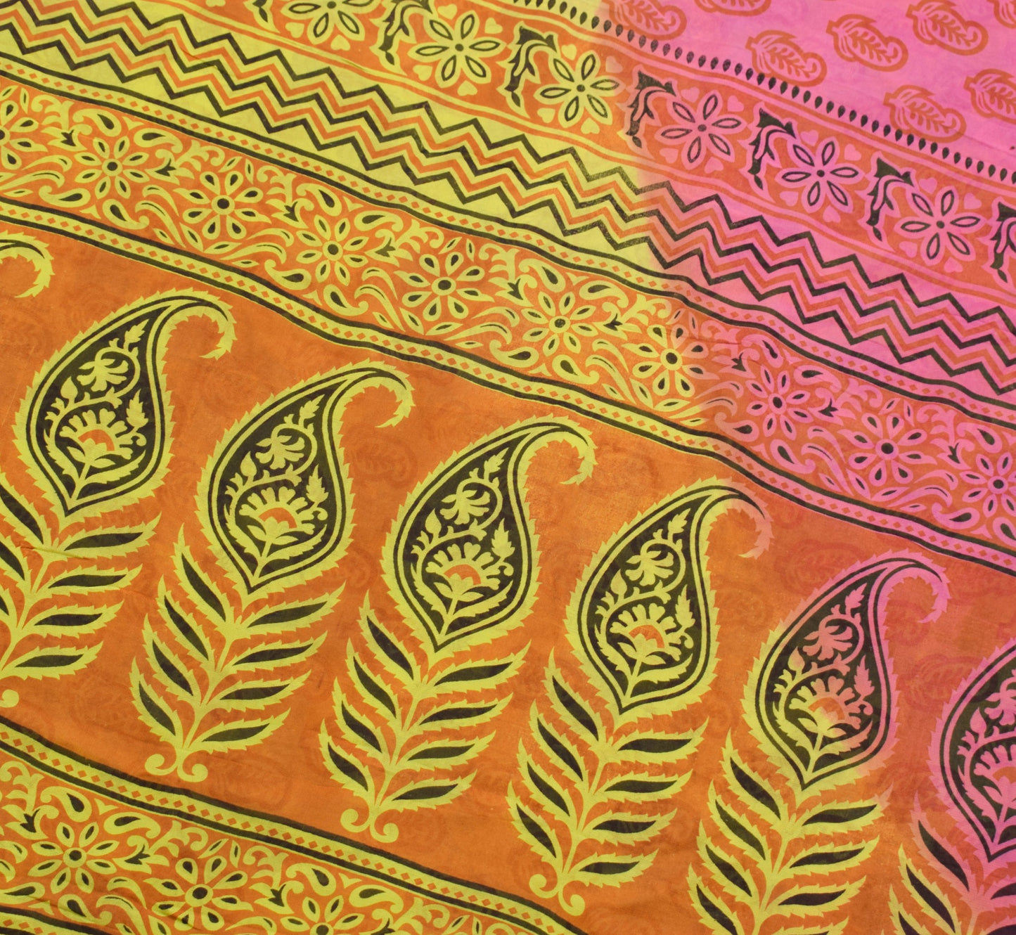 Sushila Vintage Green & Pink Saree 100% Pure Georgette Silk Printed Craft Fabric