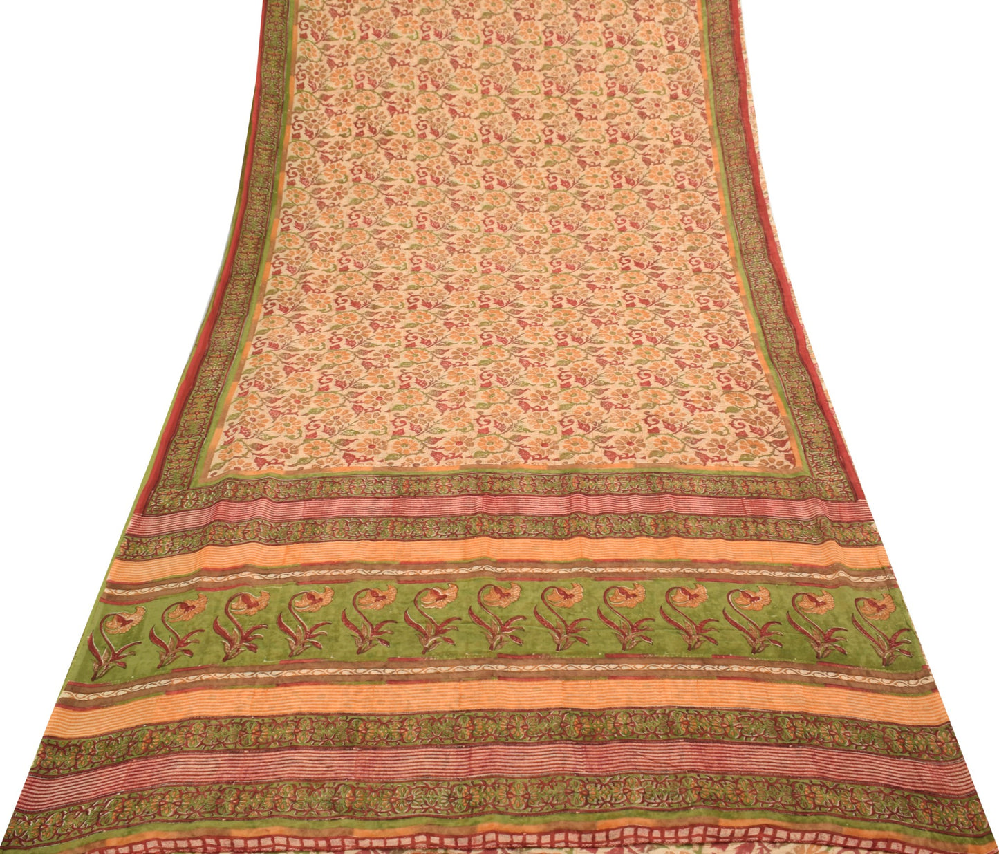 Sushila Vtg Beige Saree Georgette Silk Hand Block Printed Floral Craft Fabric
