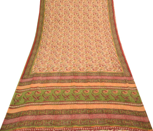 Sushila Vtg Beige Saree Georgette Silk Hand Block Printed Floral Craft Fabric