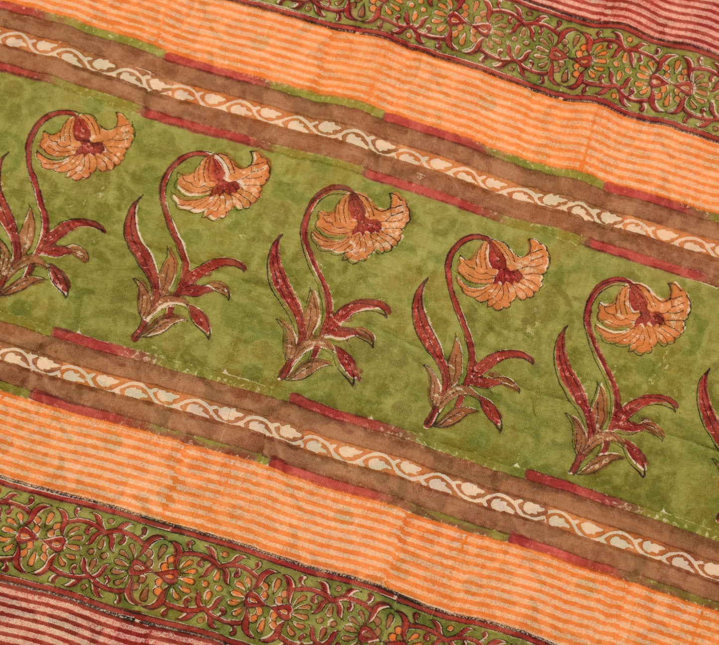 Sushila Vtg Beige Saree Georgette Silk Hand Block Printed Floral Craft Fabric