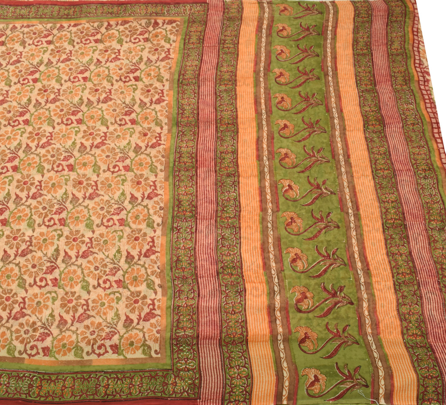 Sushila Vtg Beige Saree Georgette Silk Hand Block Printed Floral Craft Fabric