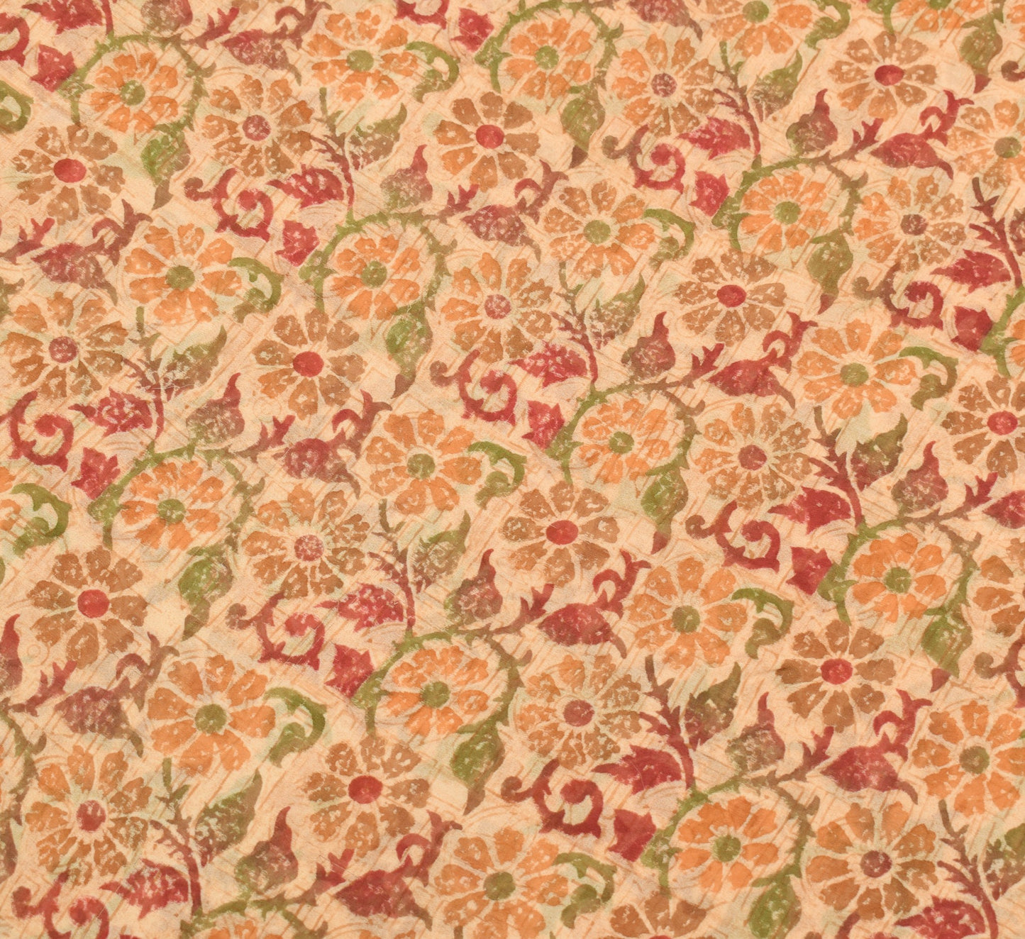 Sushila Vtg Beige Saree Georgette Silk Hand Block Printed Floral Craft Fabric